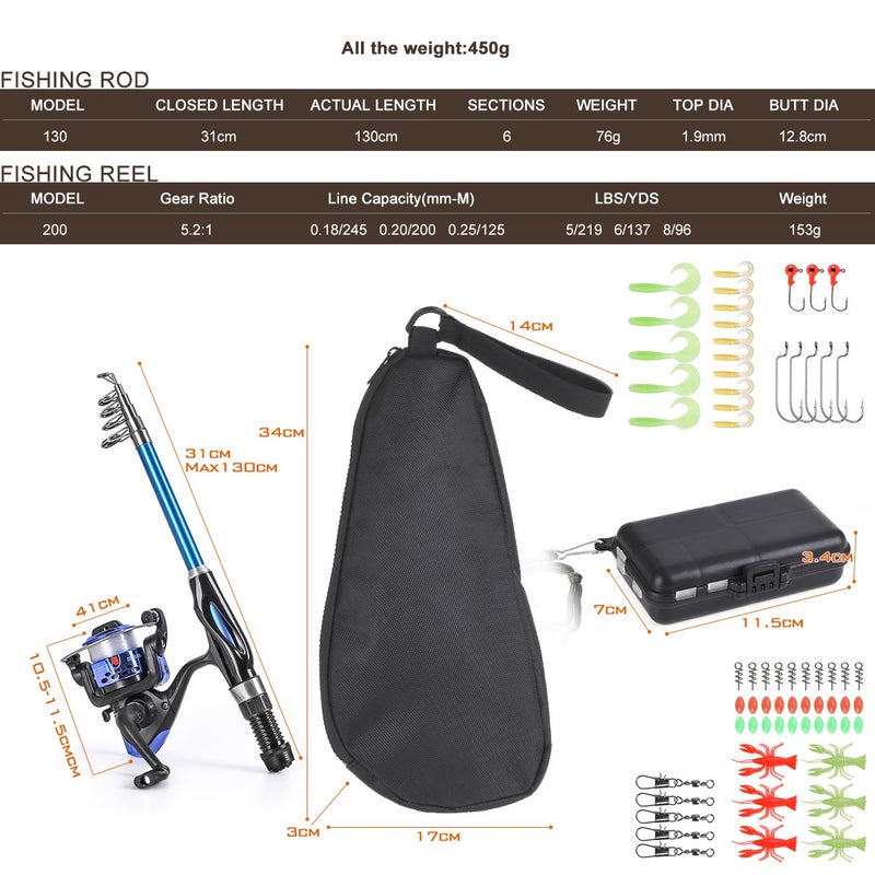 Leo Light Weight Kids Fishing Pole Telescopic Fishing Rod and Reel Combos with Full Kits Lure Case and Carry Bag for Youth Fishing and Beginner 130CM (Rod and Reel Combos with Full Kits and Carry Bag) - Image 3